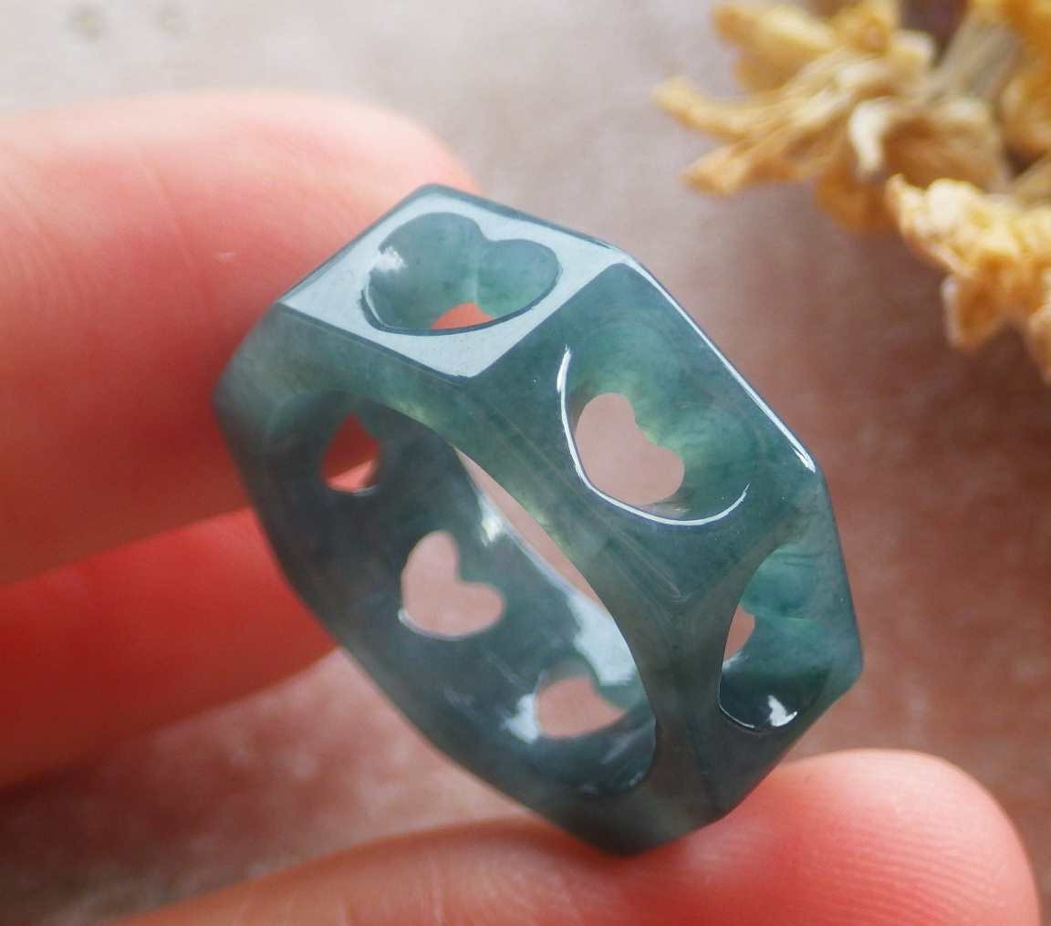 Video Certified Green A Jadeite Jade Heart Round Circle Ring NO. 5.5 # 420083 TS