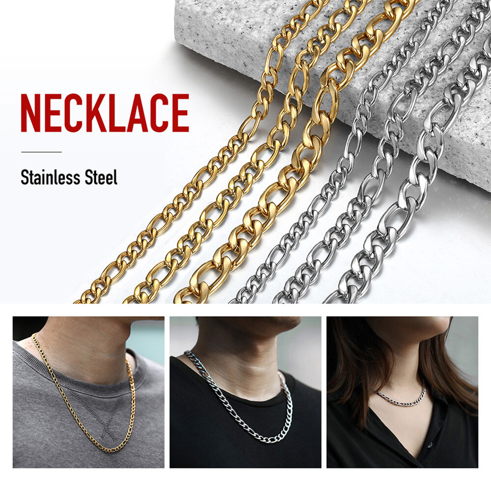 3/5/7/9mm 16″-30″ Gold Plated Stainless Steel Figaro Chain Necklace Men Women