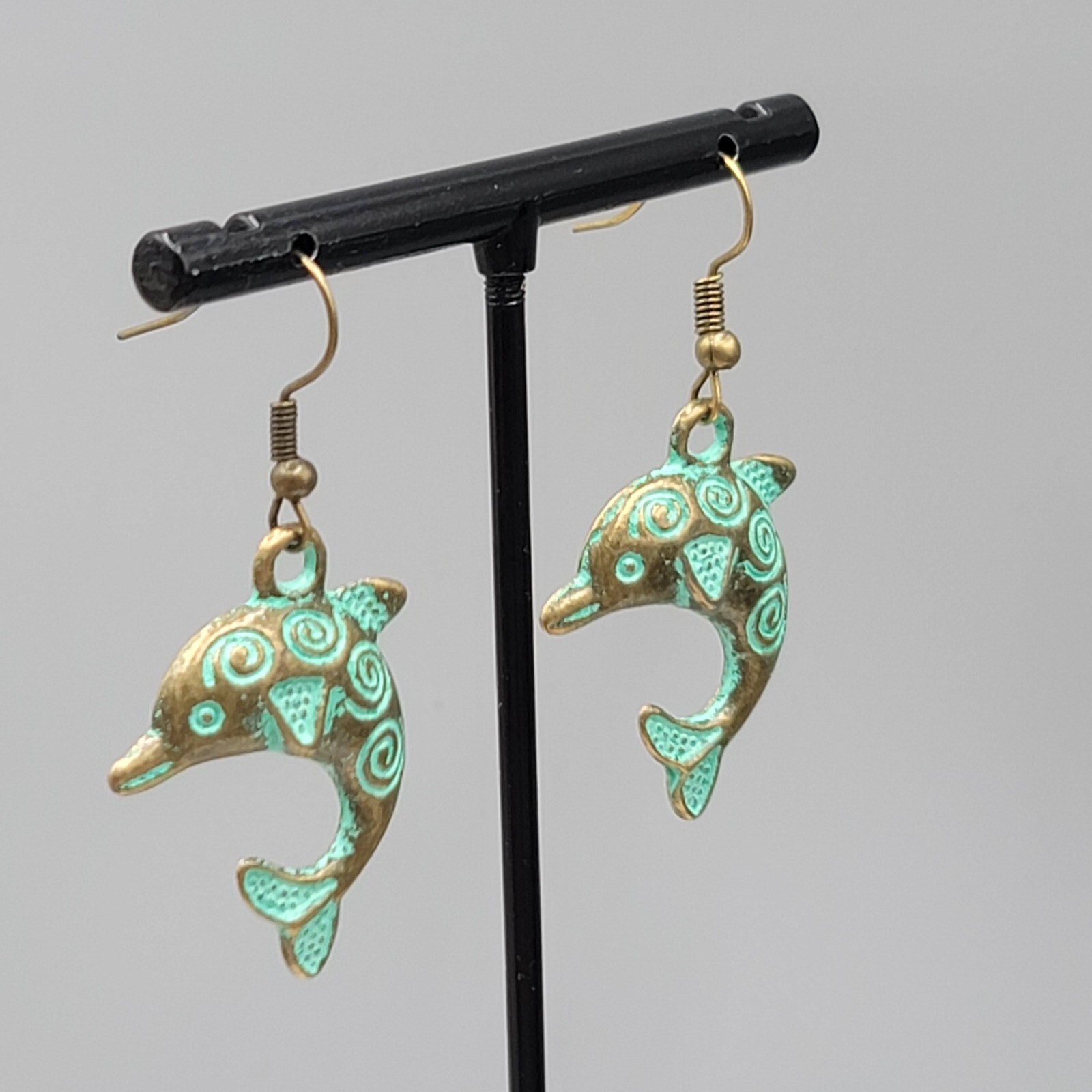 Dolphin Beach Sea life Pierced Earrings Bronze tone Green wash Dangle 1.25″
