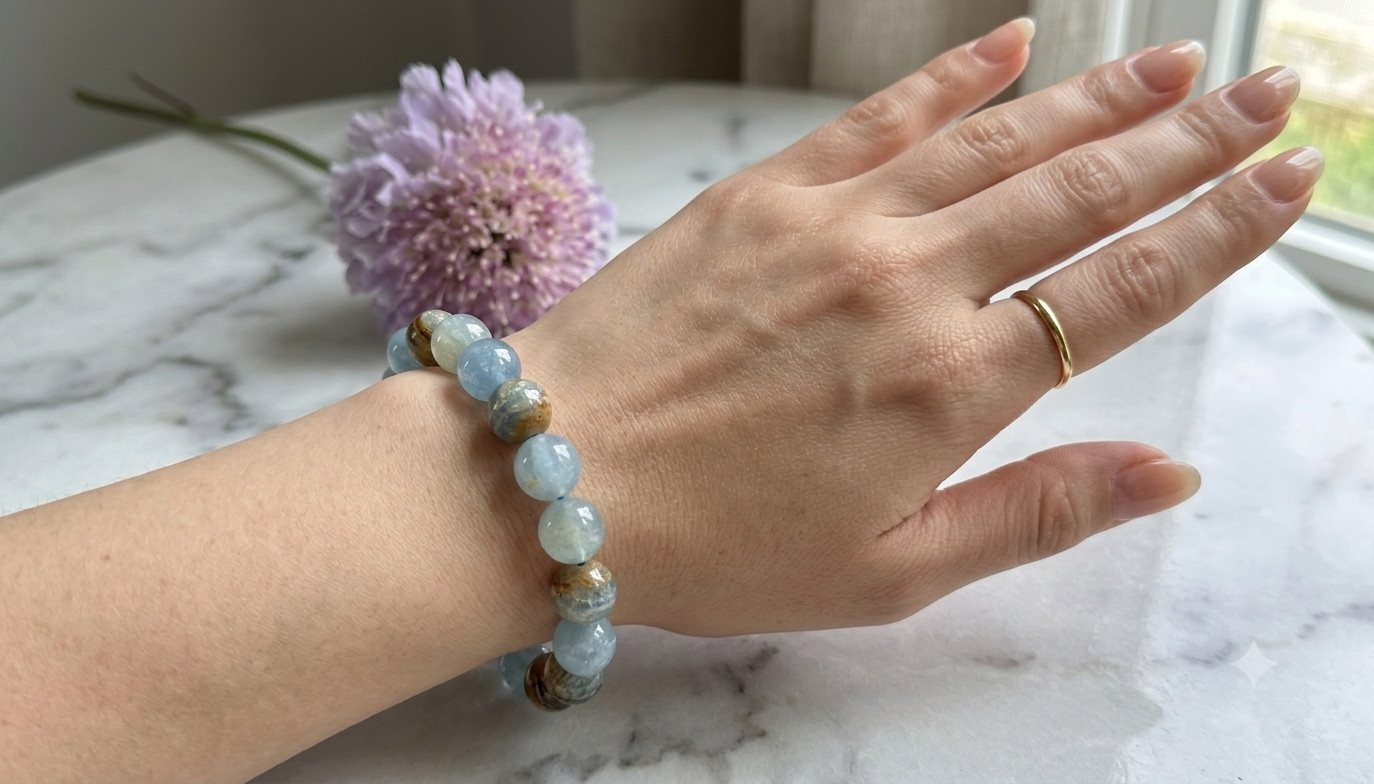 Wholesale 6 Pcs Natural Aquatine Lemurian Calcite 9-10mm 8” Crystal Bracelet