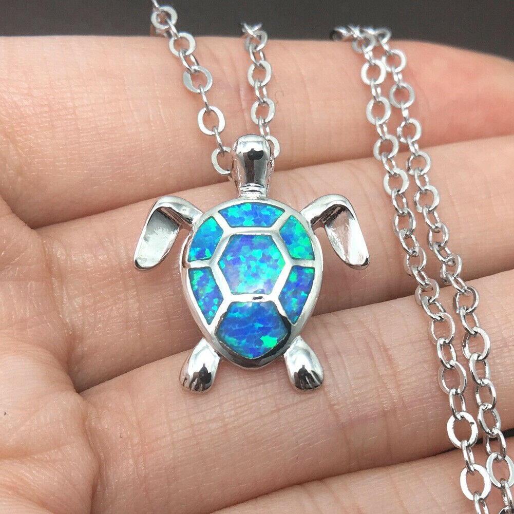 Blue Sea Turtle 18″ Silver Chain Necklace Cute Pretty Animal Pendant Girls Ocean