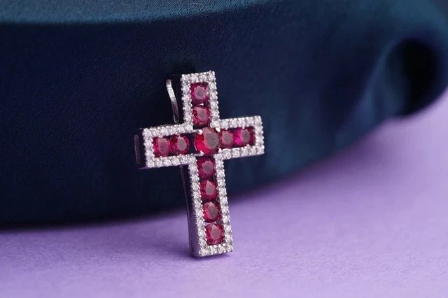 Round Cut Simulated Red Ruby Cross Shape Pendant Chain In 14k White Gold Plated