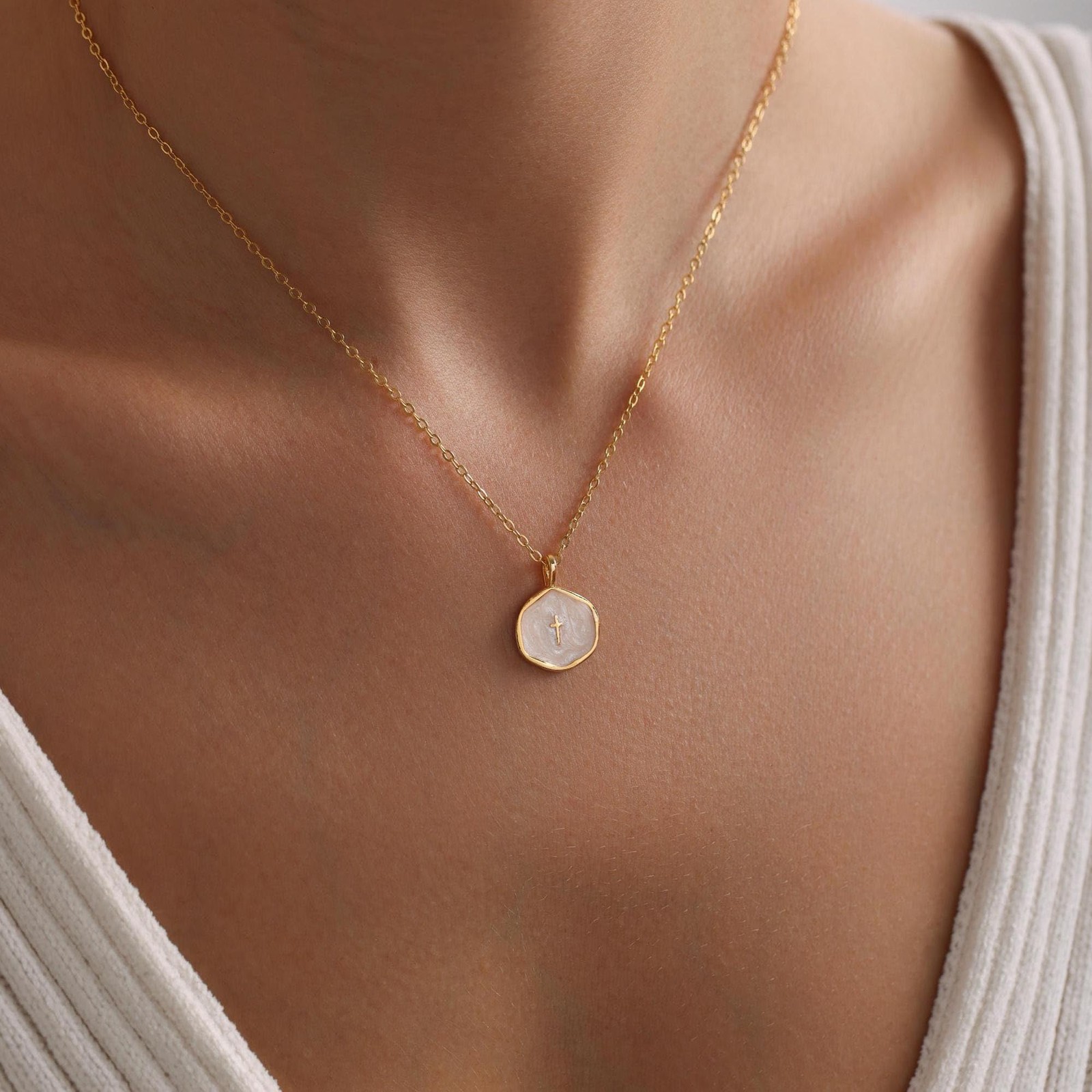 Tewiky Cross Necklace for Women-Dainty 17 inches (with extension), Gold