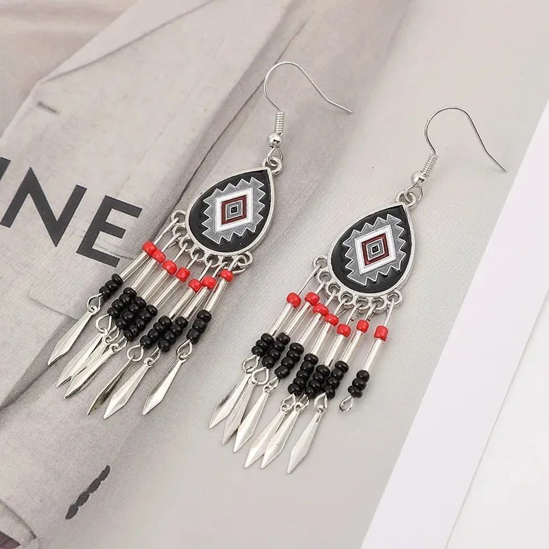 Black & Silver Boho Bead and Tassle Dangle Earrings, Bohemian, Stylish, Fun