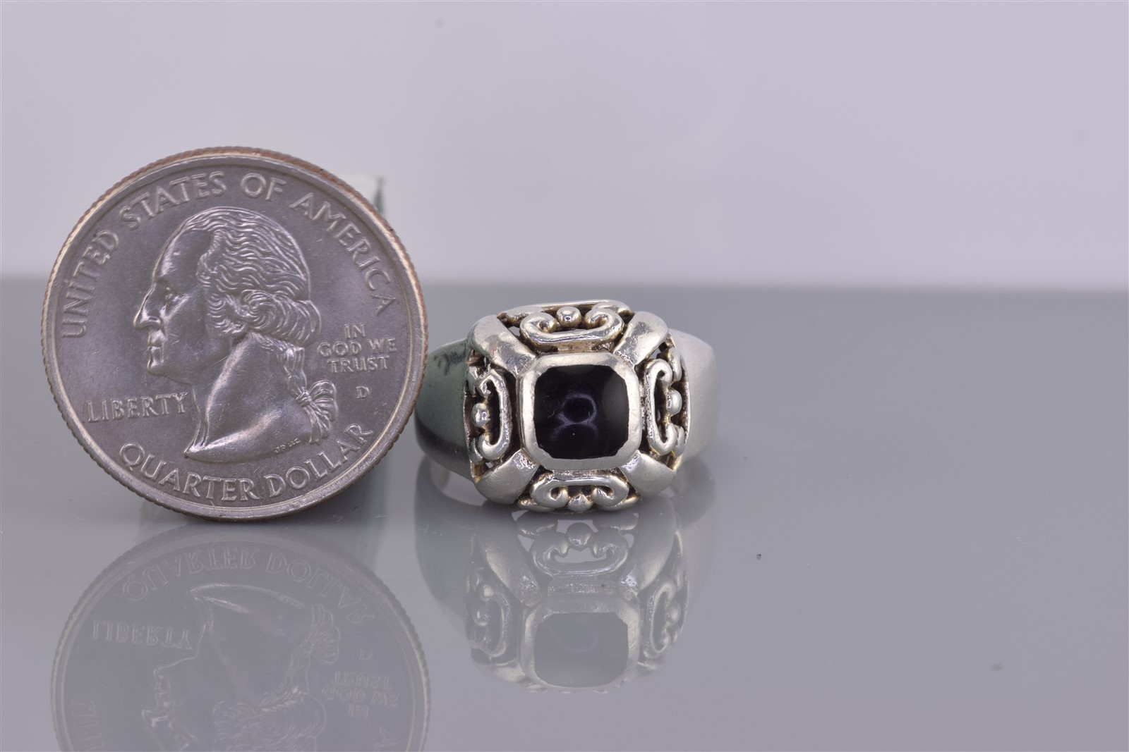 Sterling Silver Puffy Scrolled Black Enamel Dome Band Ring 925 Sz: 6