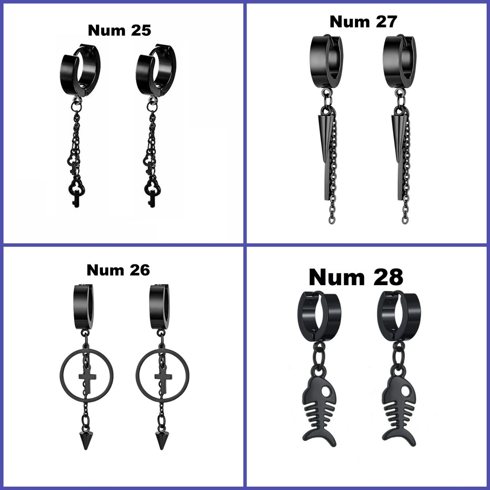 Thin hoop men earrings black, Dagger-skull-goth-punk-sword hoops cross, dangle