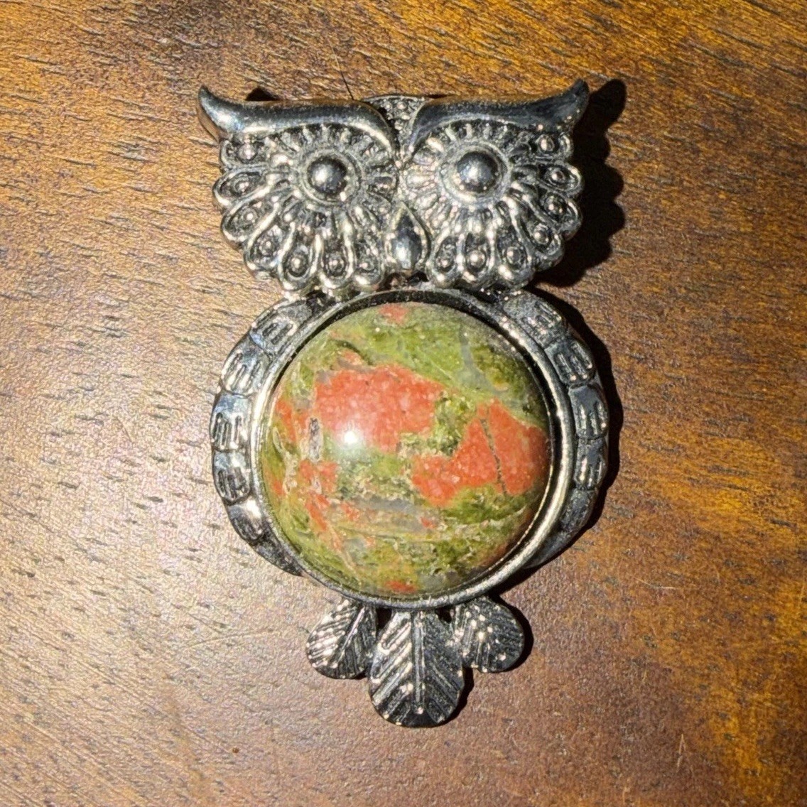 Unakite Owl Pendant Silver Tone Metal Round Bezel 1.75 in