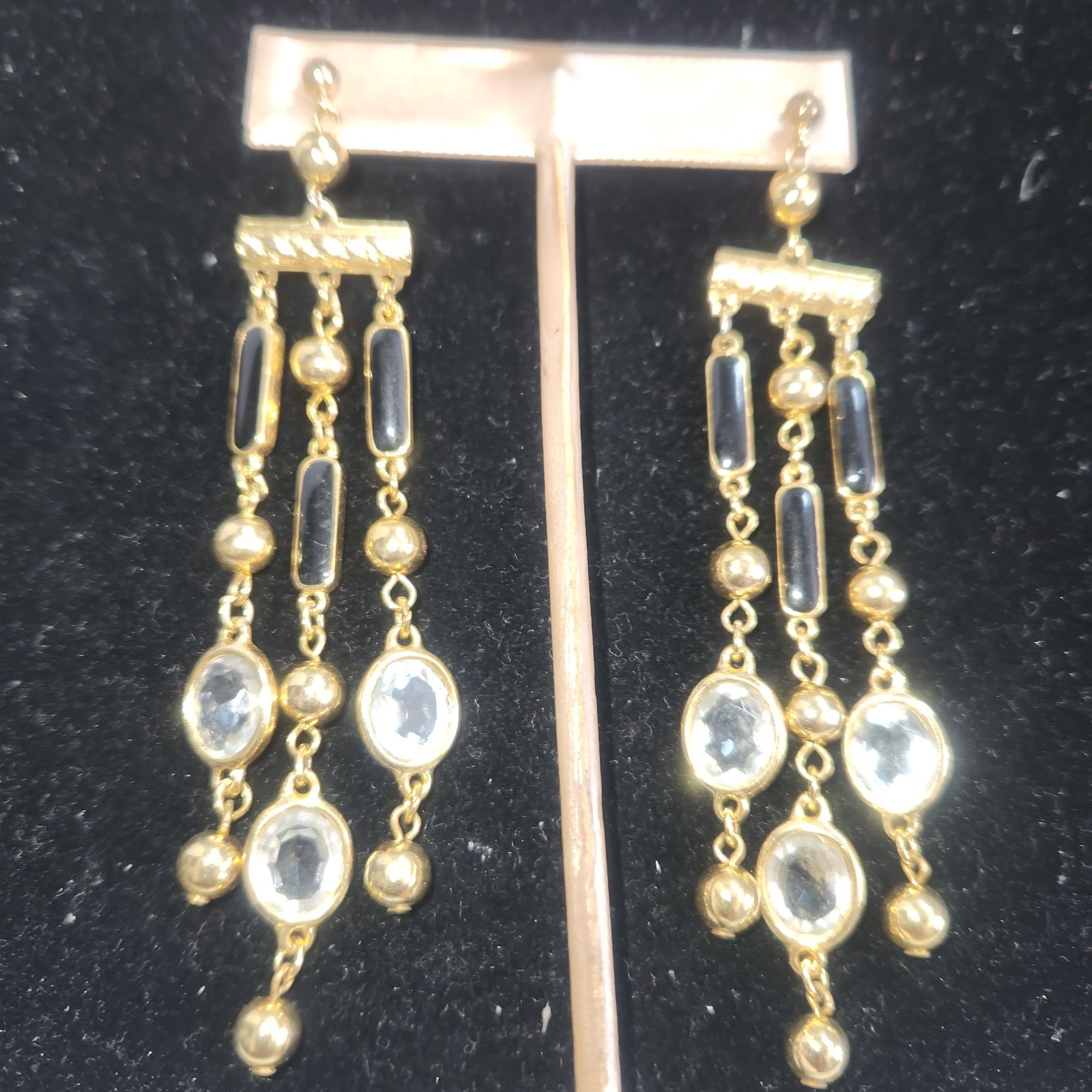 Gold Tone Black and Clear Crystal Chandelier Drop Dangle Earrings Post Back
