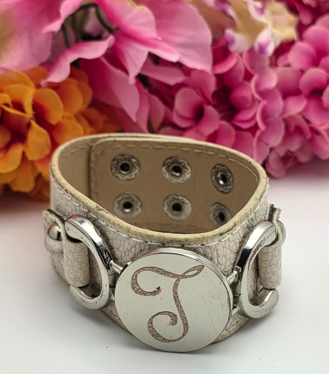 Initial J Beige Leather Cuff Bracelet 8 in Silver Tone Monogram Snap 30mm