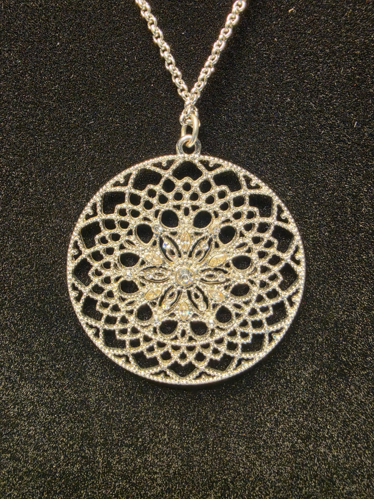 LOFT silver tone chain clear crystals medallion pendant necklace