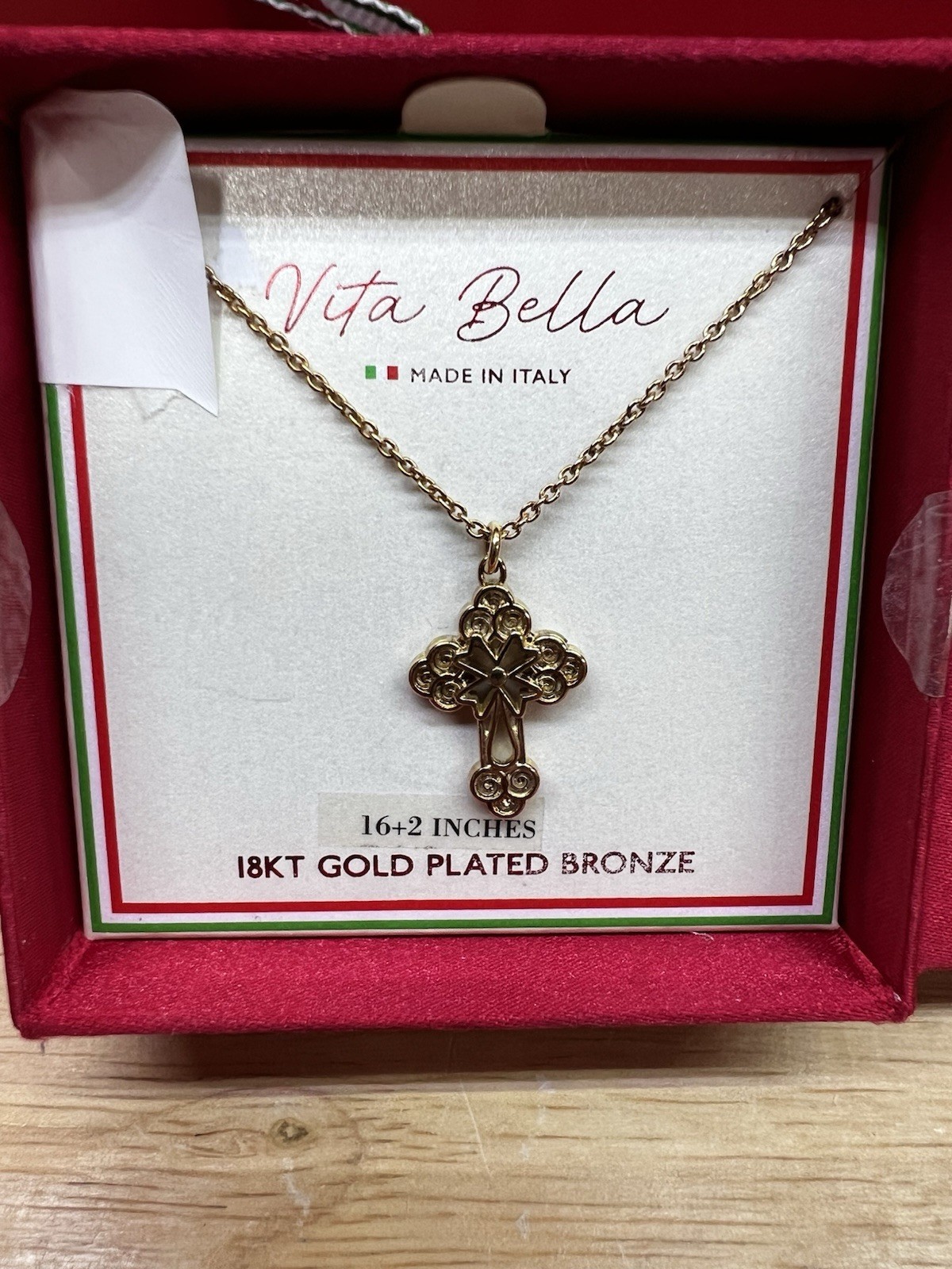 Vita Bella 18KT Gold Plated Bronze Cross Pendant Cable Necklace 16-18in