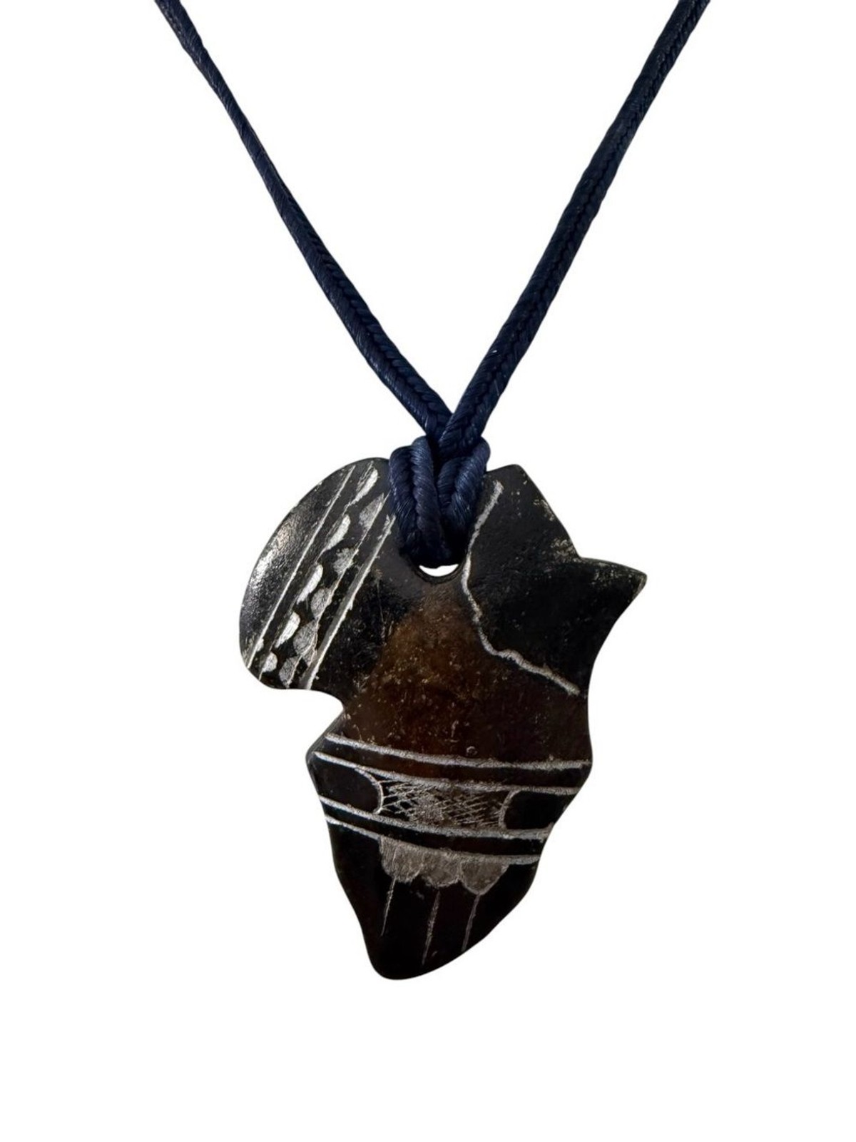 Vintage Hand Carved Africa Map Pendant Necklace 22″ Corded 1.5″ Tribal Boho