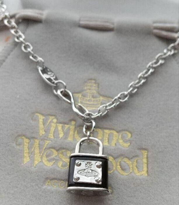 Vivienne westwood Orb Black Padlock Chain Silver Necklace Lock Outlet authentic