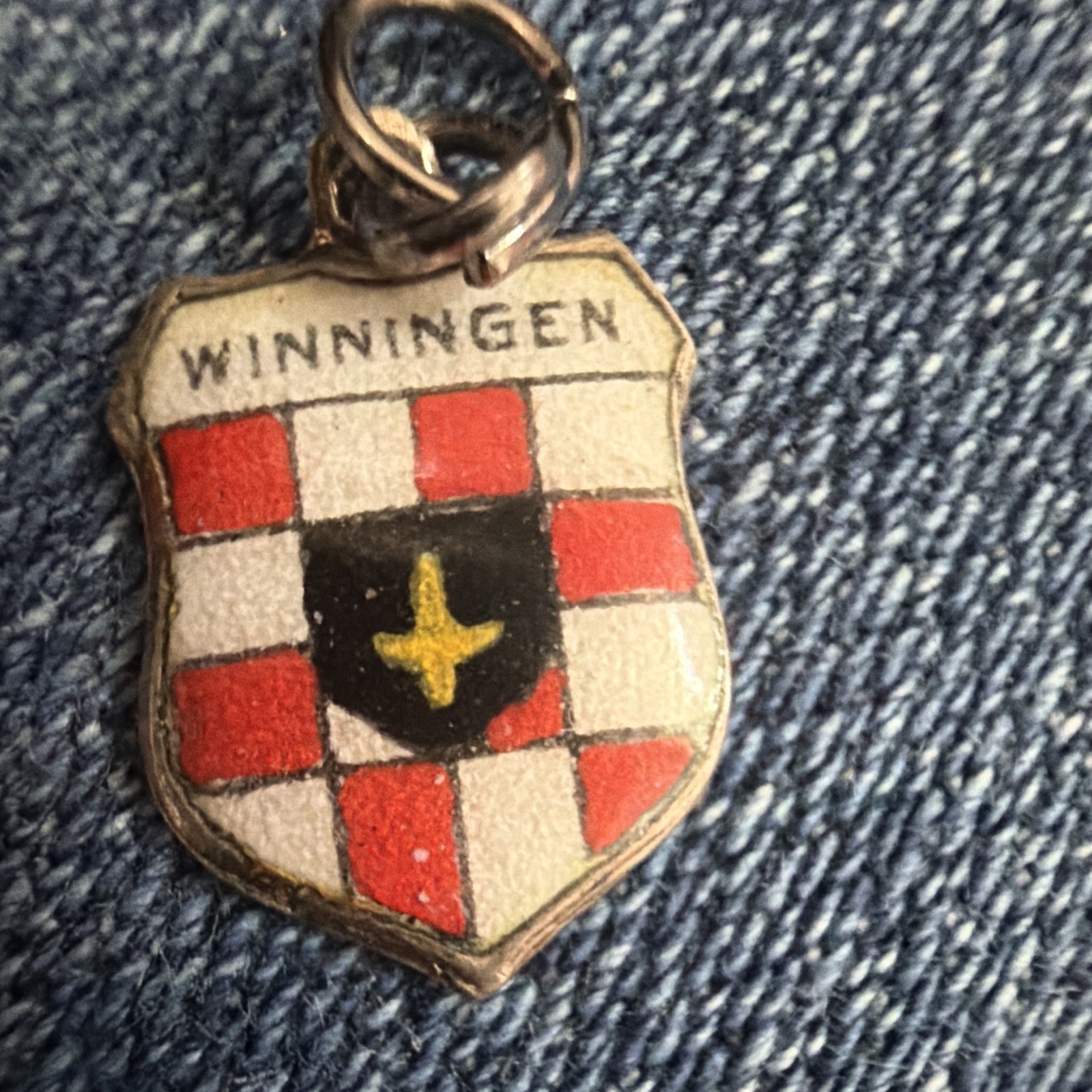 800 Silver Enamel Winningen Shield Dangle Charm Heraldry Signed Spring Ring