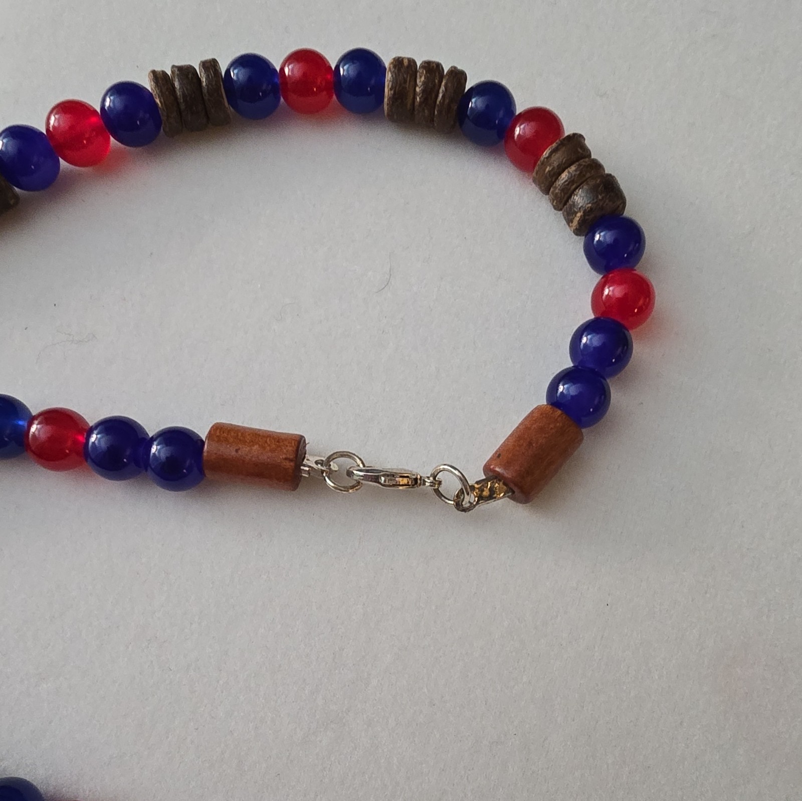 Shark Tooth Beaded Necklace, Clear Oval Charm Pendant, Red Blue Beads, Lobster