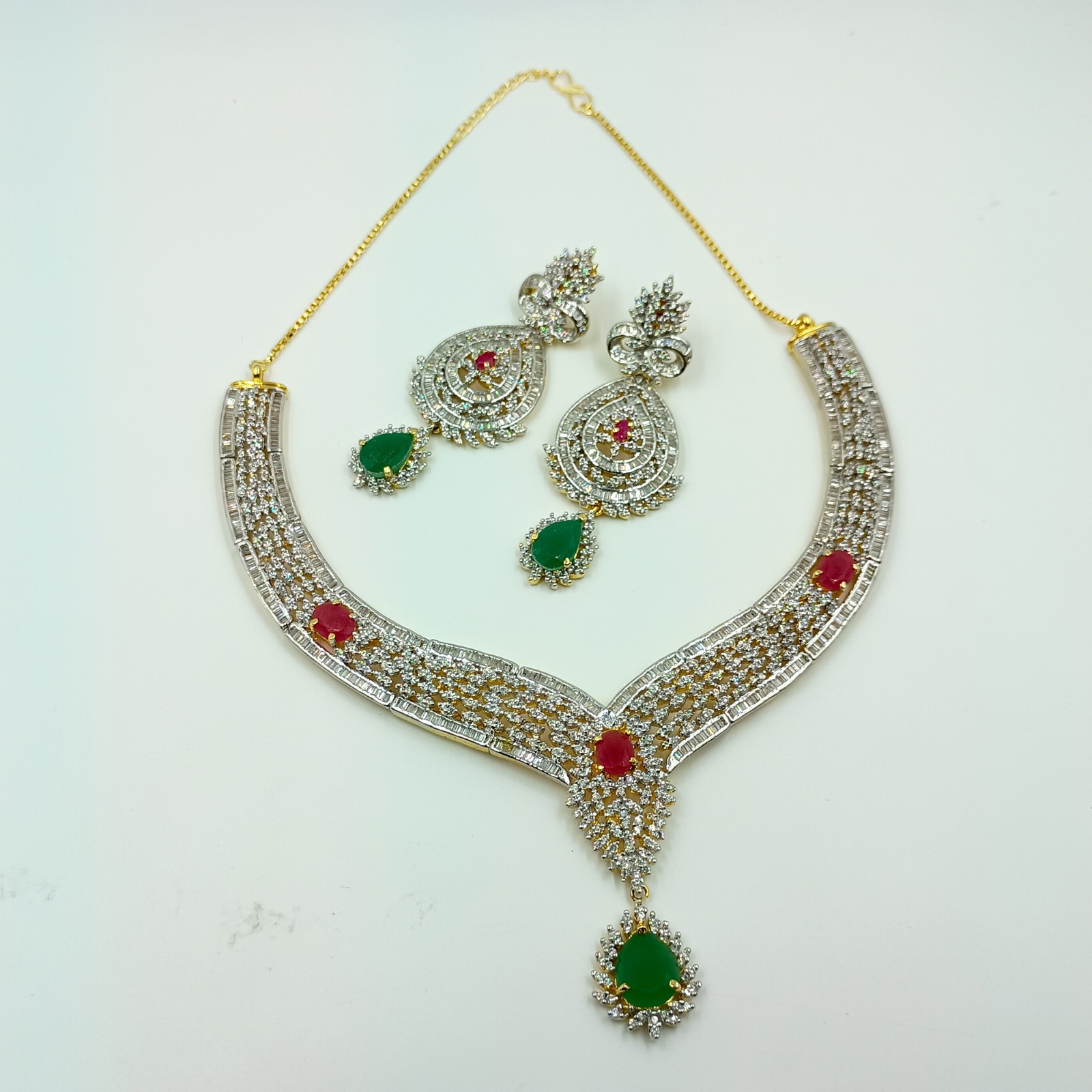 Traditional Emerald Ruby CZ Diamond Choker Necklace Set 22k Gold Plated