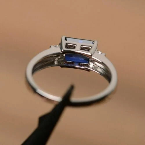 1.75Ct Emerald Cut Blue Sapphire Engagement Band Ring 14k White Gold Plated