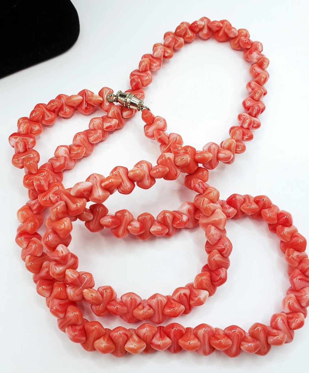 Coral Bone Bead Pressed Glass Strand Necklace – 26″ Inches Long