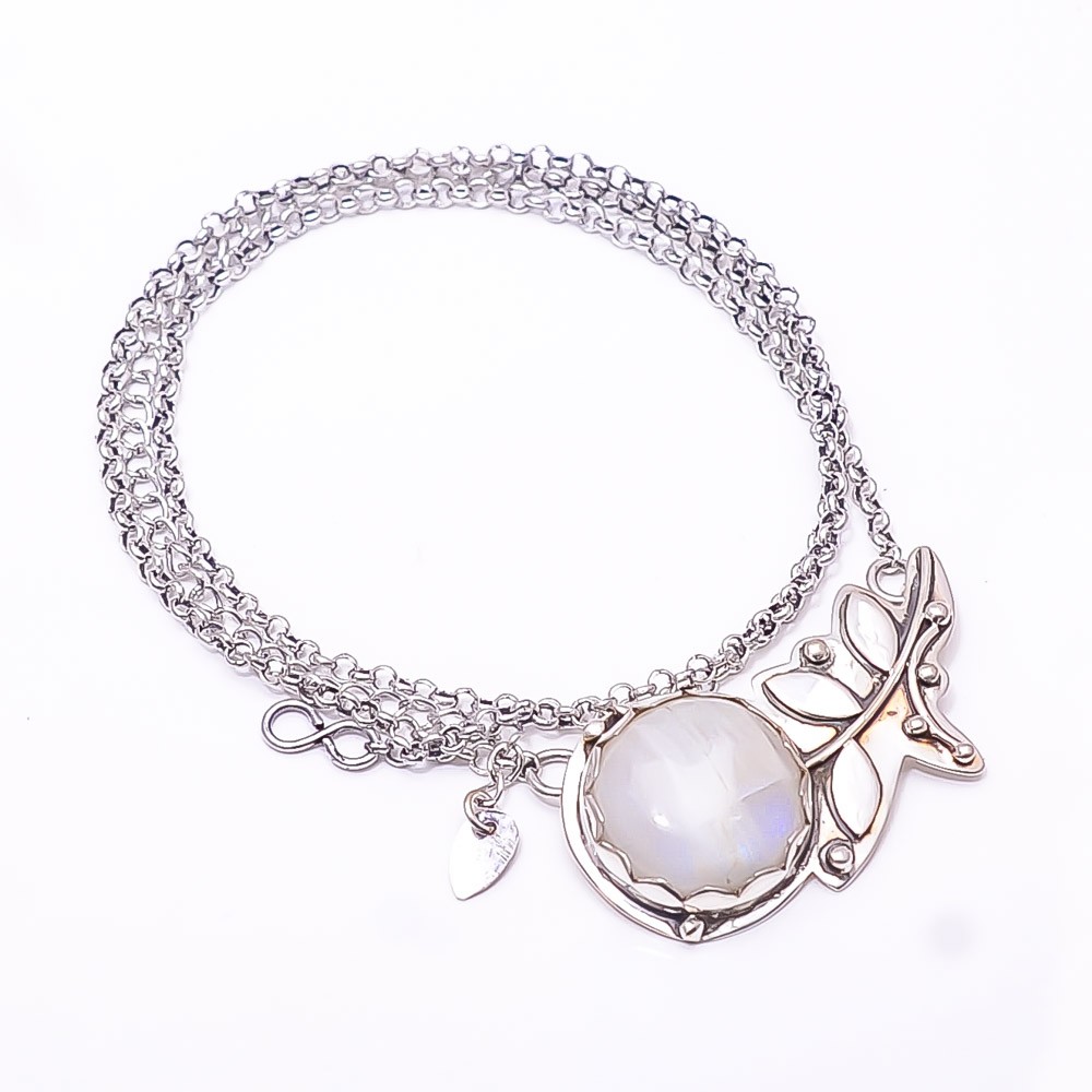 Rainbow Moonstone – India Flower 925 Sterling Silver Chain Pandent 17.99″ CP2123