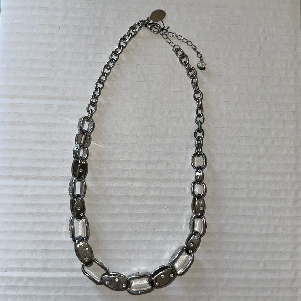 White House Black Market Silver Tone Rhinestone Oval Link Chain Necklace Adjust