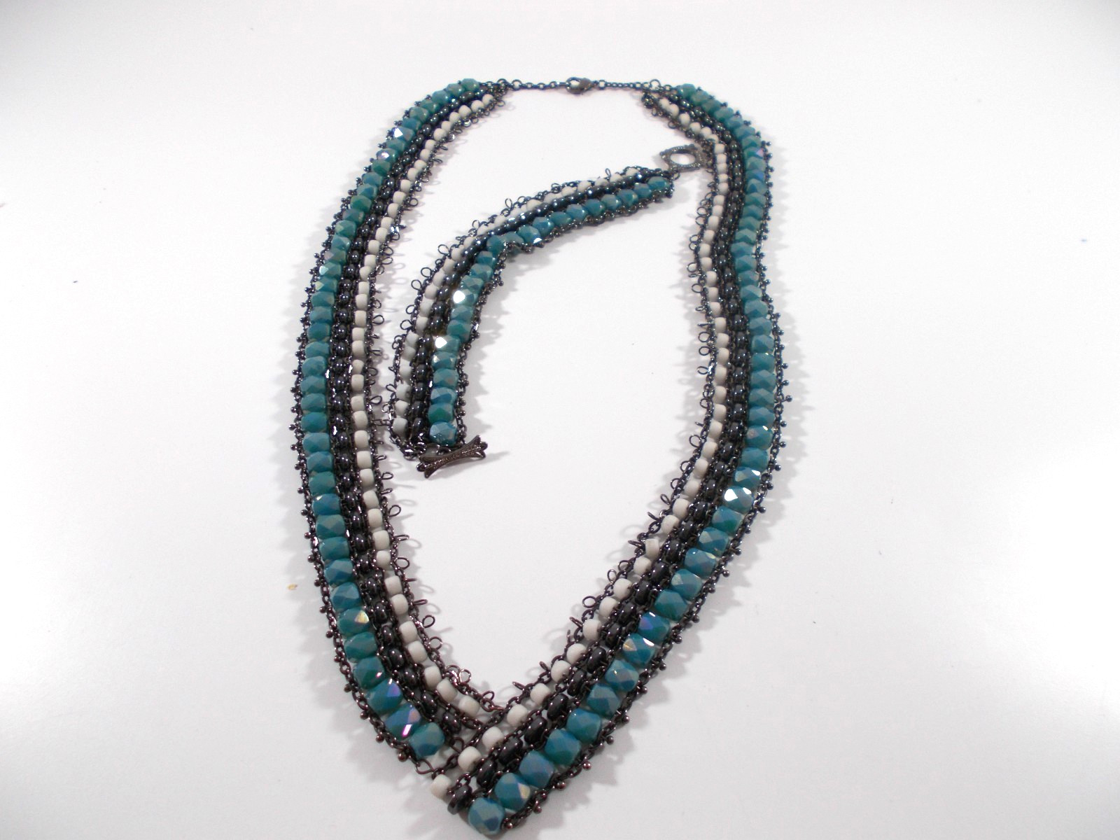 Turquoise & White Color Glass & Hematite Beaded Woven Necklace & Bracelet Set
