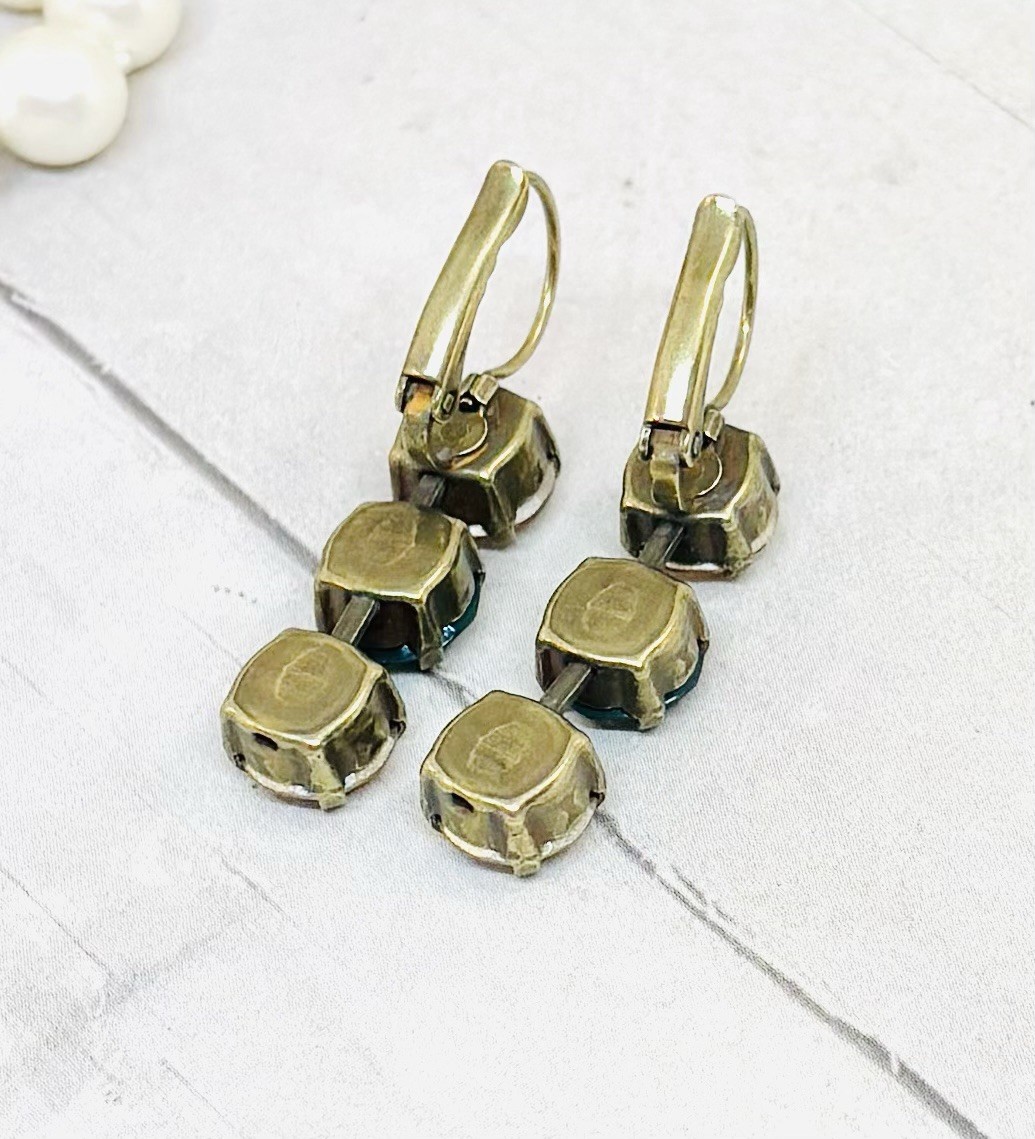 Fall Antique Brass Plated Pine Green Ignite Triple Stone Cup Chain Earrings