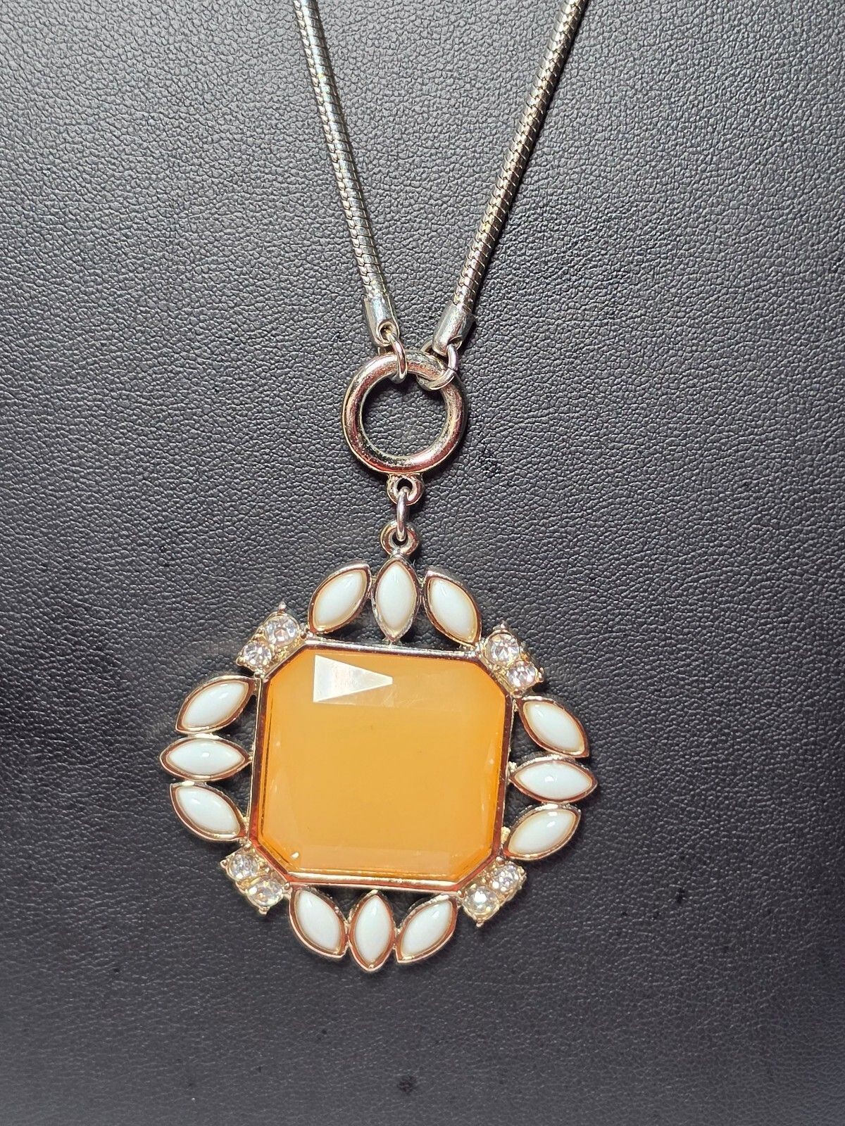 White House Black Market WHBM 32” Orange White Rhinestone Pendant Necklace