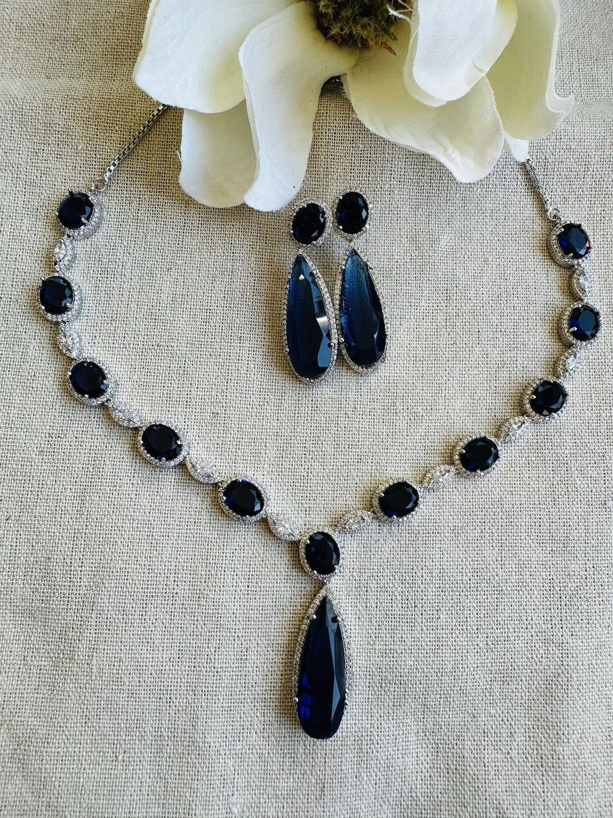 CZ Navy Blue Sapphire Teardrop Gem Bridal Indian Necklace Earring Jewelry Set