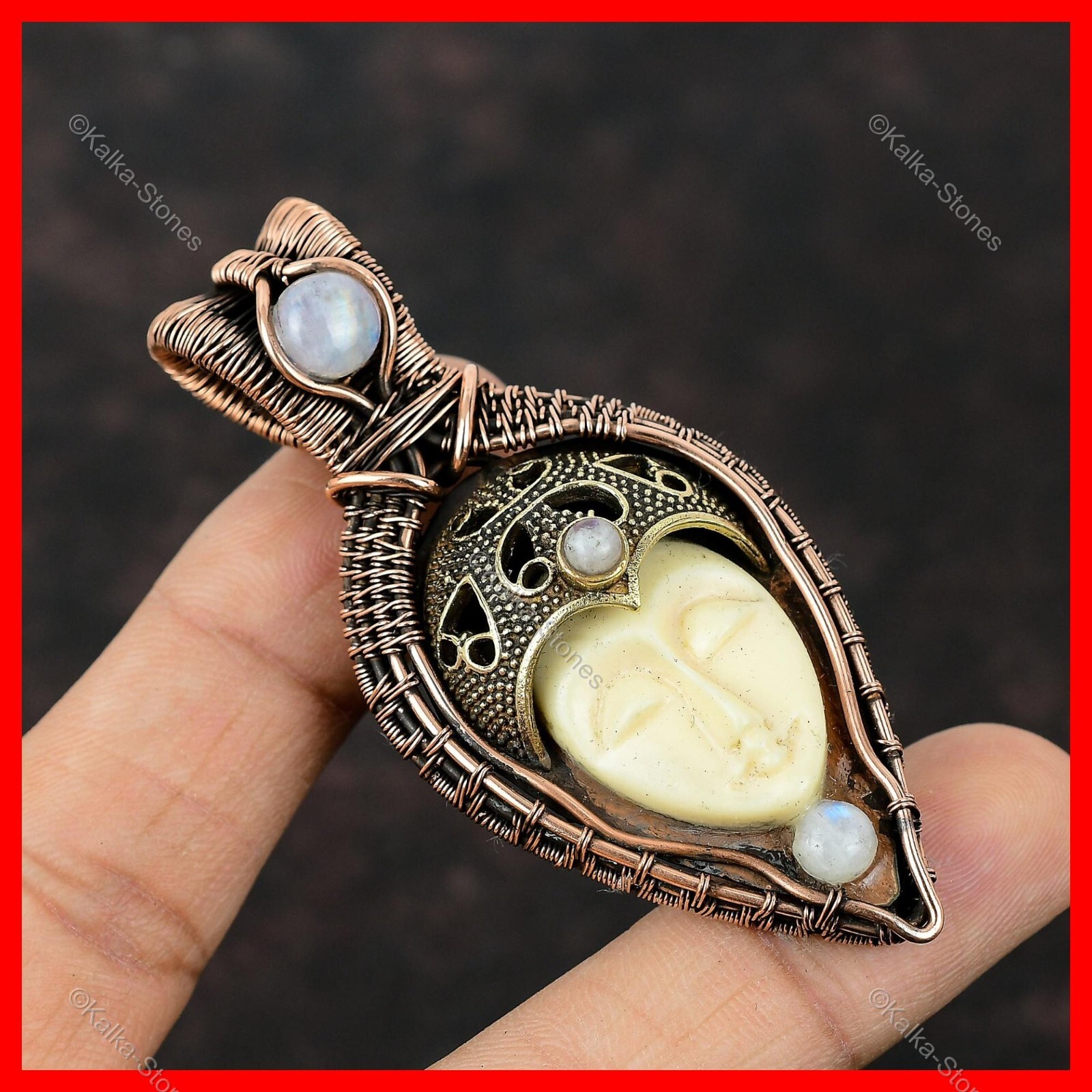 Copper Oval White Carved Face Stone Rainbow Moonstone New Wire Wrapped Pendant