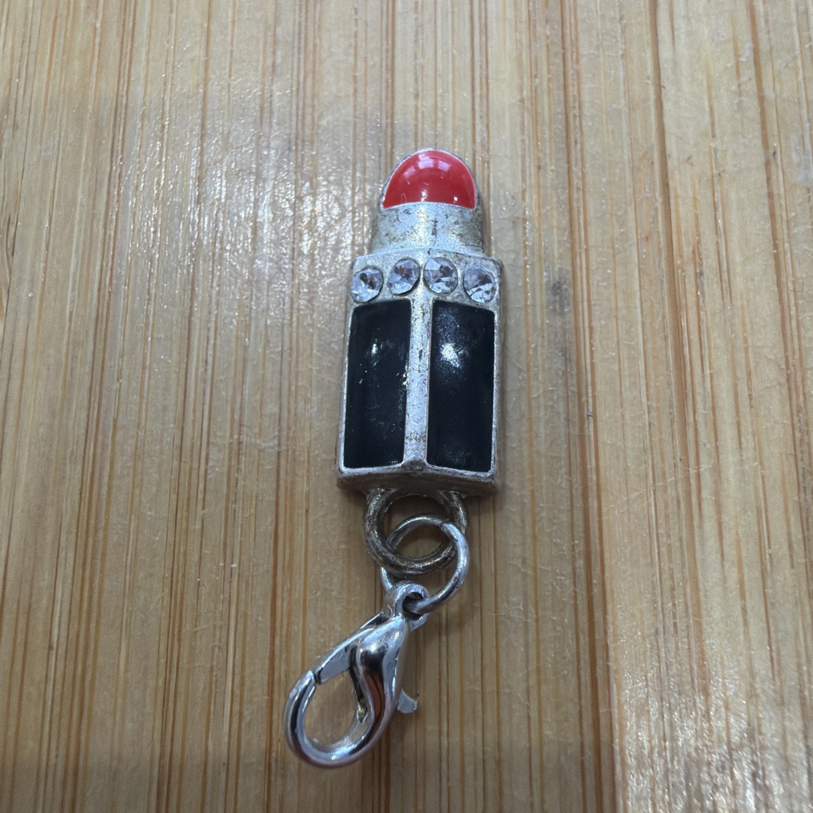 Black and Red – Enamel – Lipstick – Dangle Charm – Silver tone – Lobster Hook
