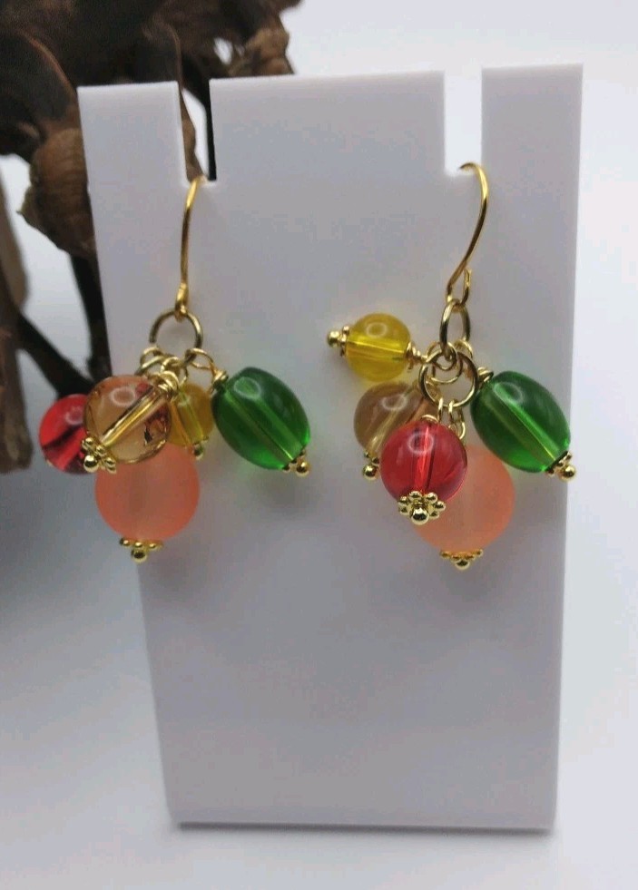 Fall Autumn Dangle earrings NF Multicolor USA Handmade 1 1/4″ Gold Boho Hooks