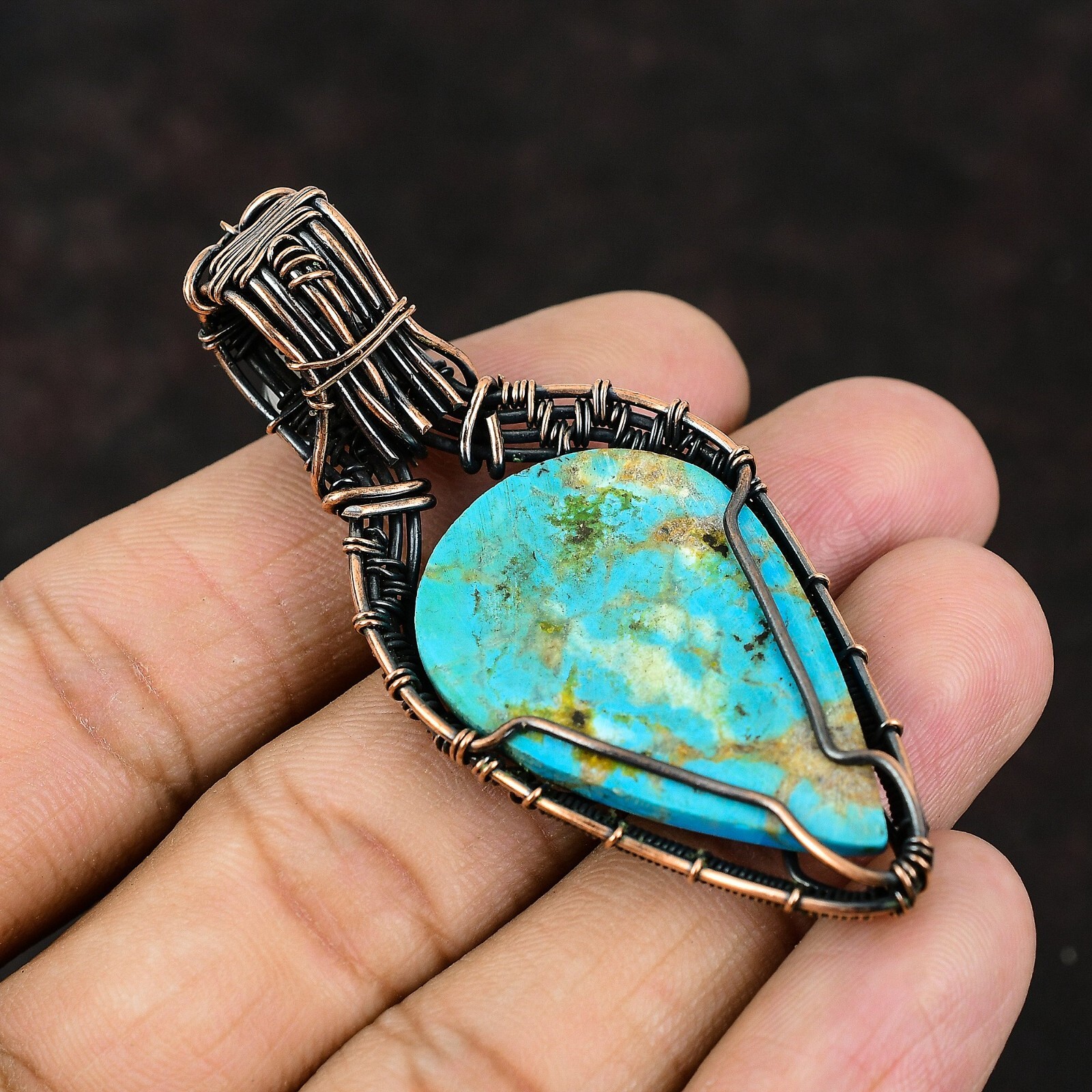 Gift For Her Arizona Turquoise Wire Wrapped Pendant Copper Jewelry 2.64″