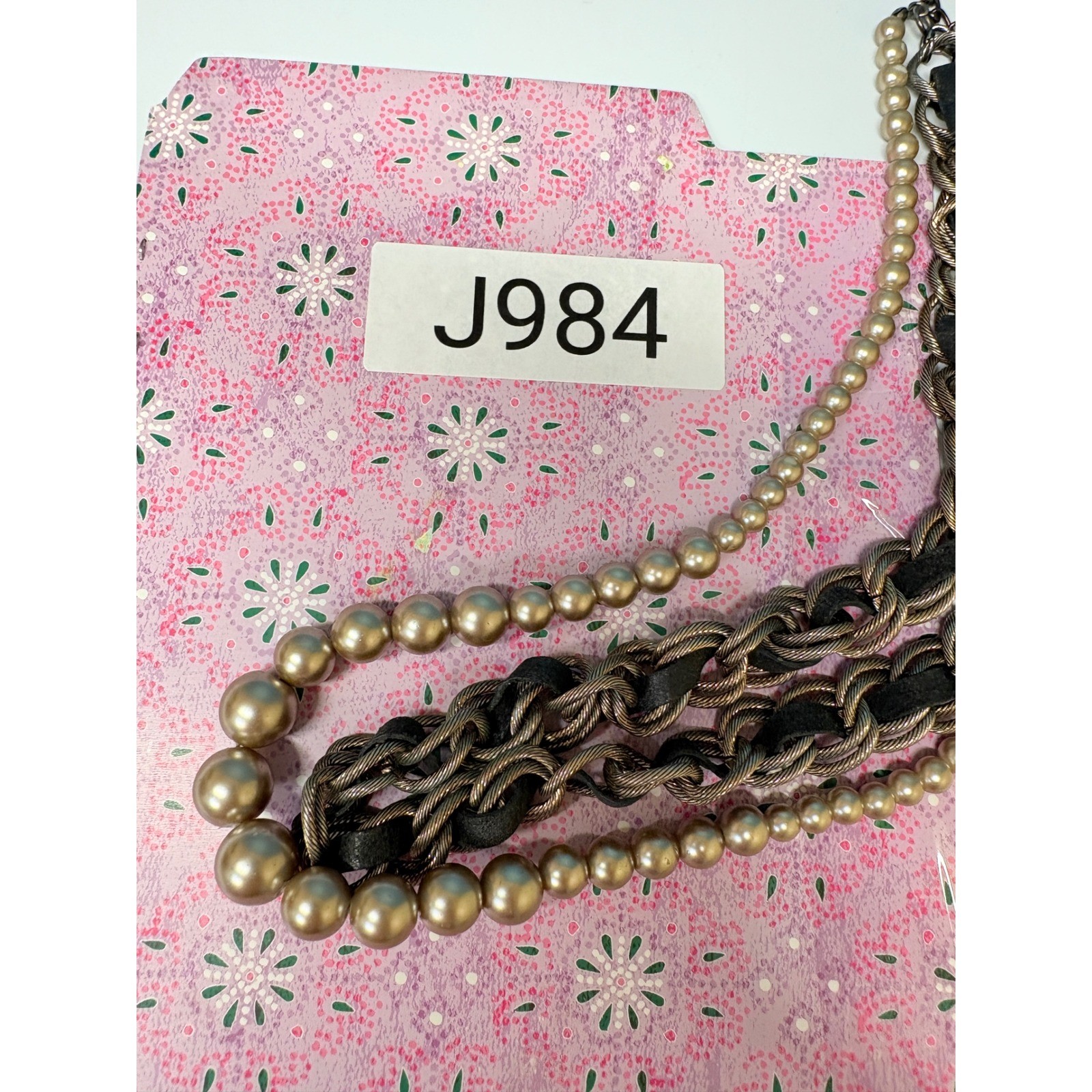 Loft Chunky Multi Strand Necklace Gold Tone Chain Faux Pearl Leather Statement