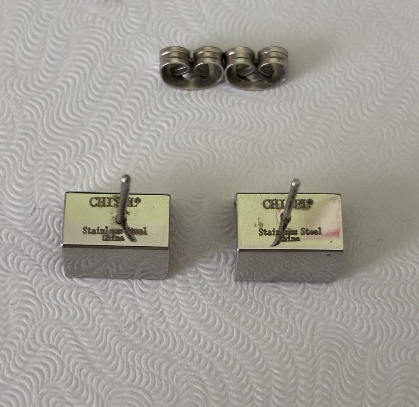 Chisel Stainless Steel Polished Stud Post Earrings w/ Orange Stones ~ Signed