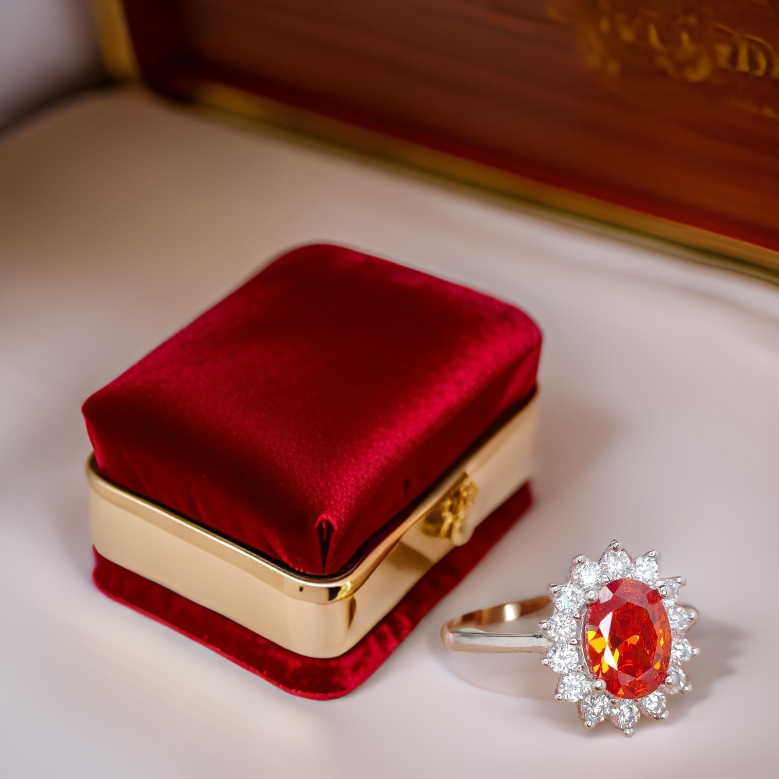 Oval Fiery Orange Sapphire Ring with Moissanite Halo, Sterling Silver