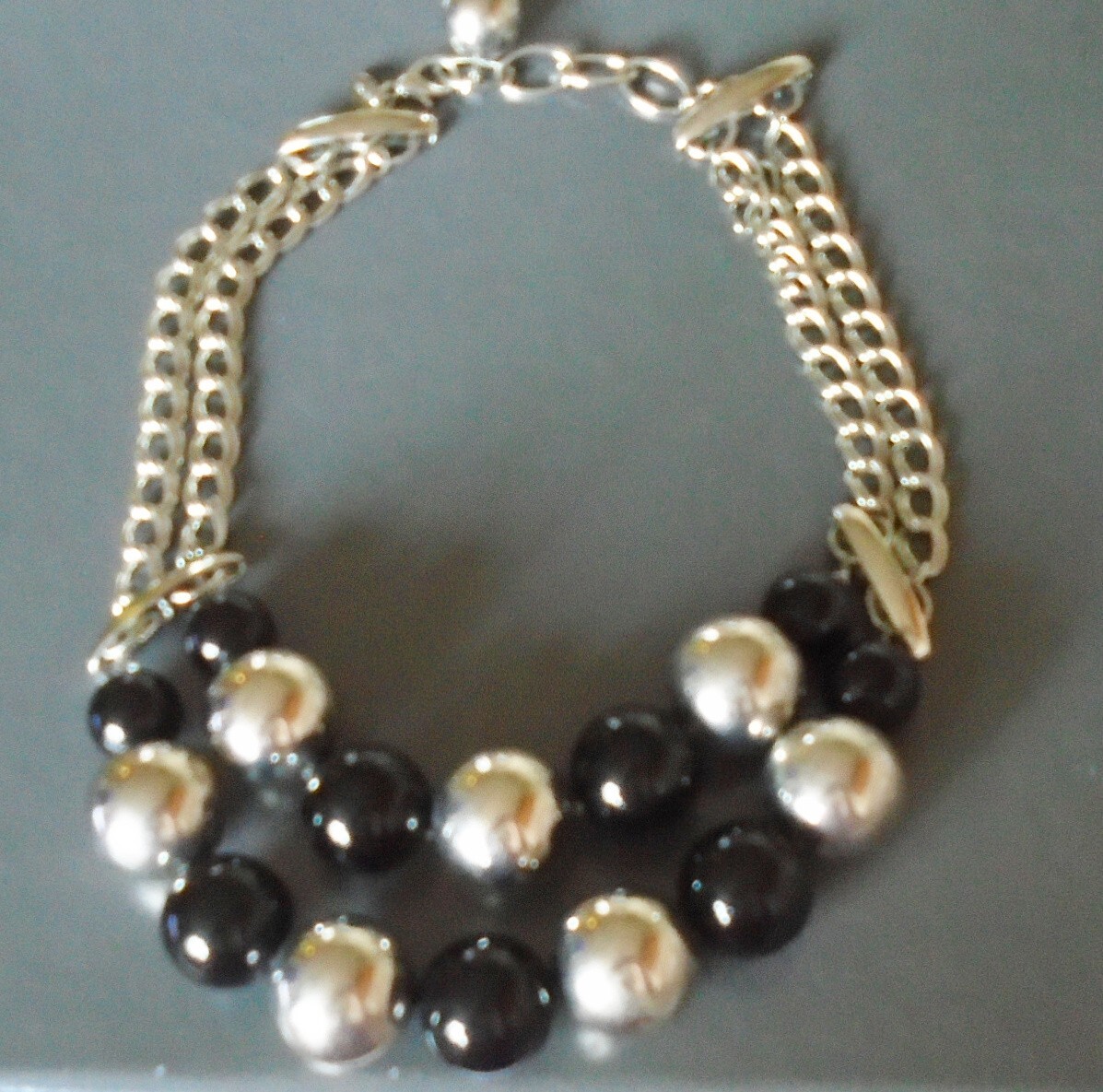 Jaeger Large Faux Pearl Double Chain Necklace black silver-tone chain signed vgc