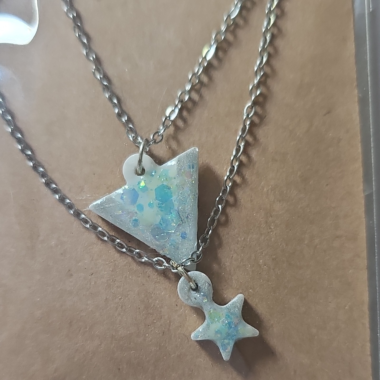 Silver Tone Double Set Cable Chain Necklace Star Triangle Charm Glow/dark