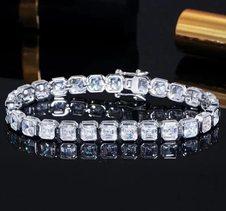 Bezel Treated Diamond Asscher Cut White Tennis Bracelet In 925 Silver