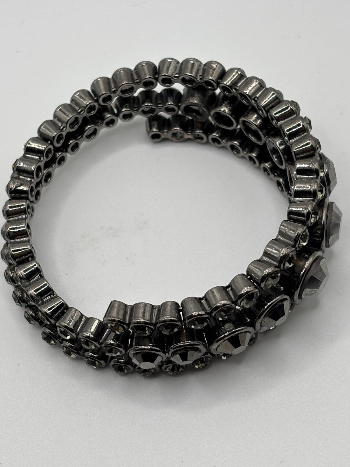 Silver Tone Wrap Coil Bangle Bracelet Gray Round Crystal Bezel Set 7.5in