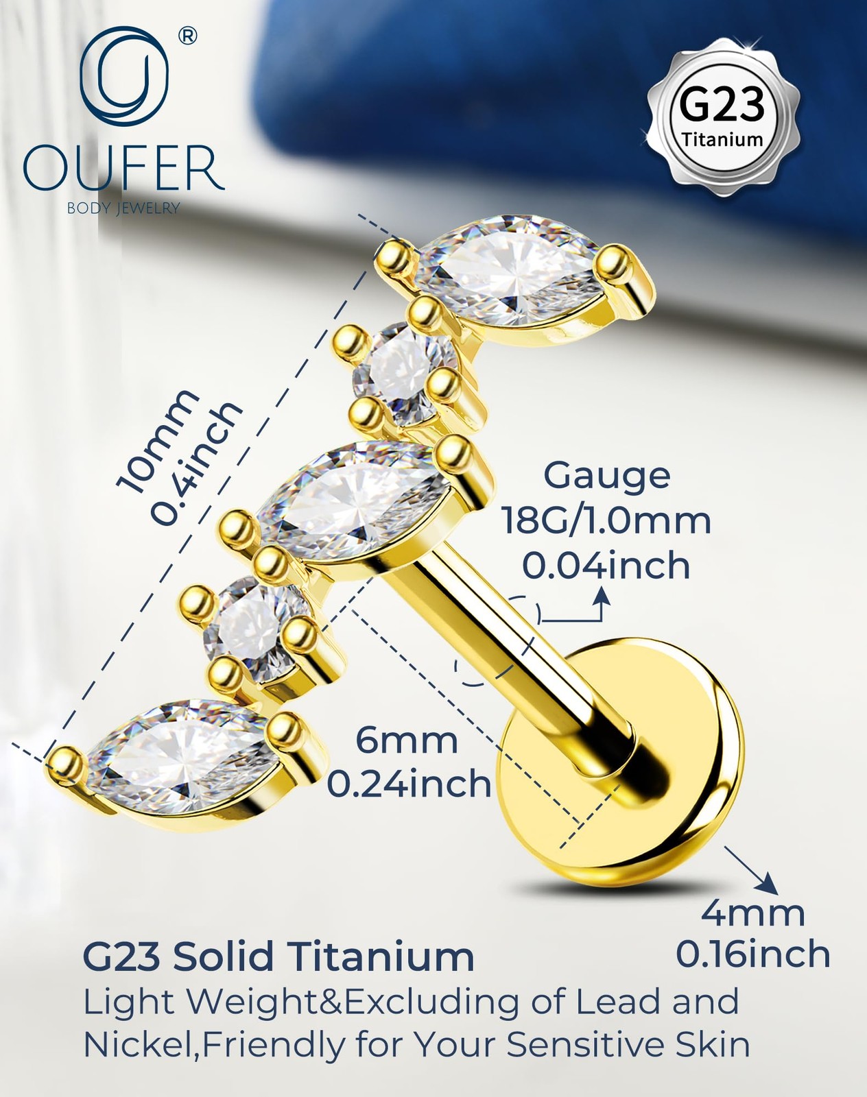 OUFER 18G Titanium Helix Piercing Jewelry-Flat Back Gold 6MM,