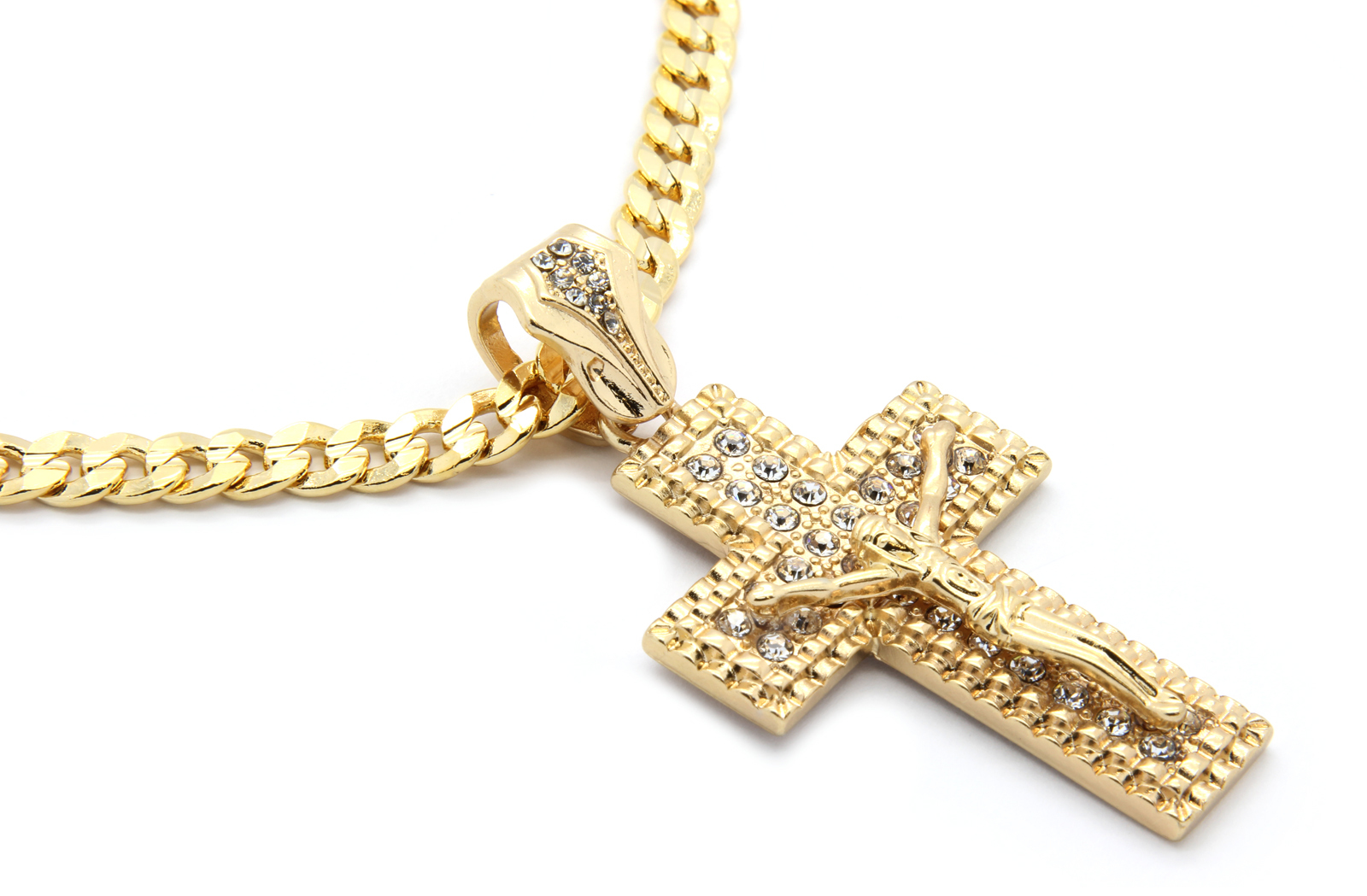 14k Gold Plated Jesus Cross Pendant Cubic Zirconia Hip-Hop 24″ Cuban Chain M1