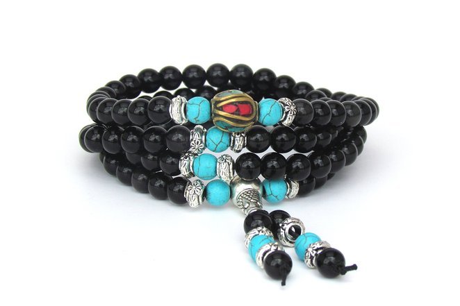 Mala Beads Stretch Bracelet, Black Obsidian Tiger Eye Buddhist Prayer Beads
