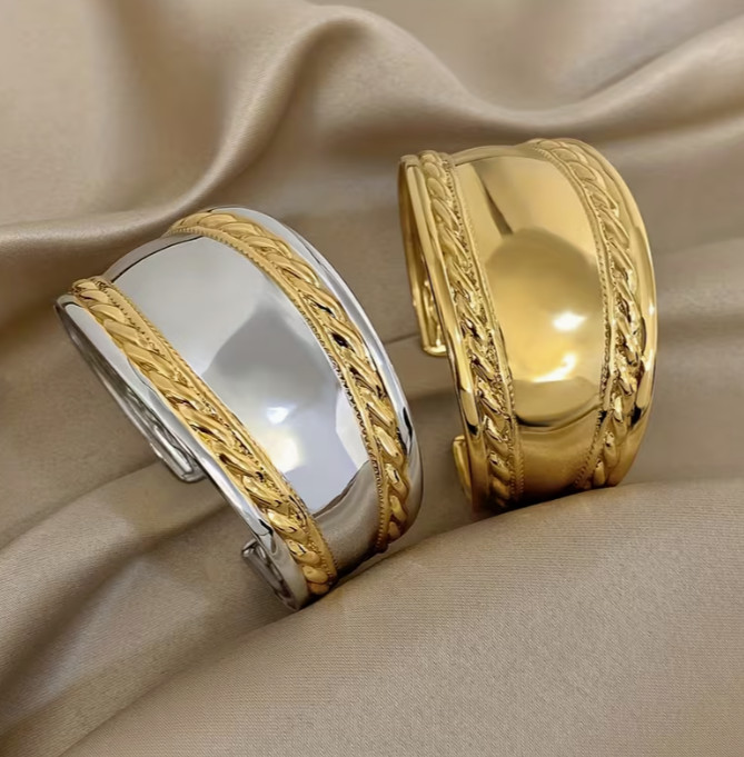 Luxury Elegant Twisted Wide Curved Stainless Steel Open Bracelet Bangle