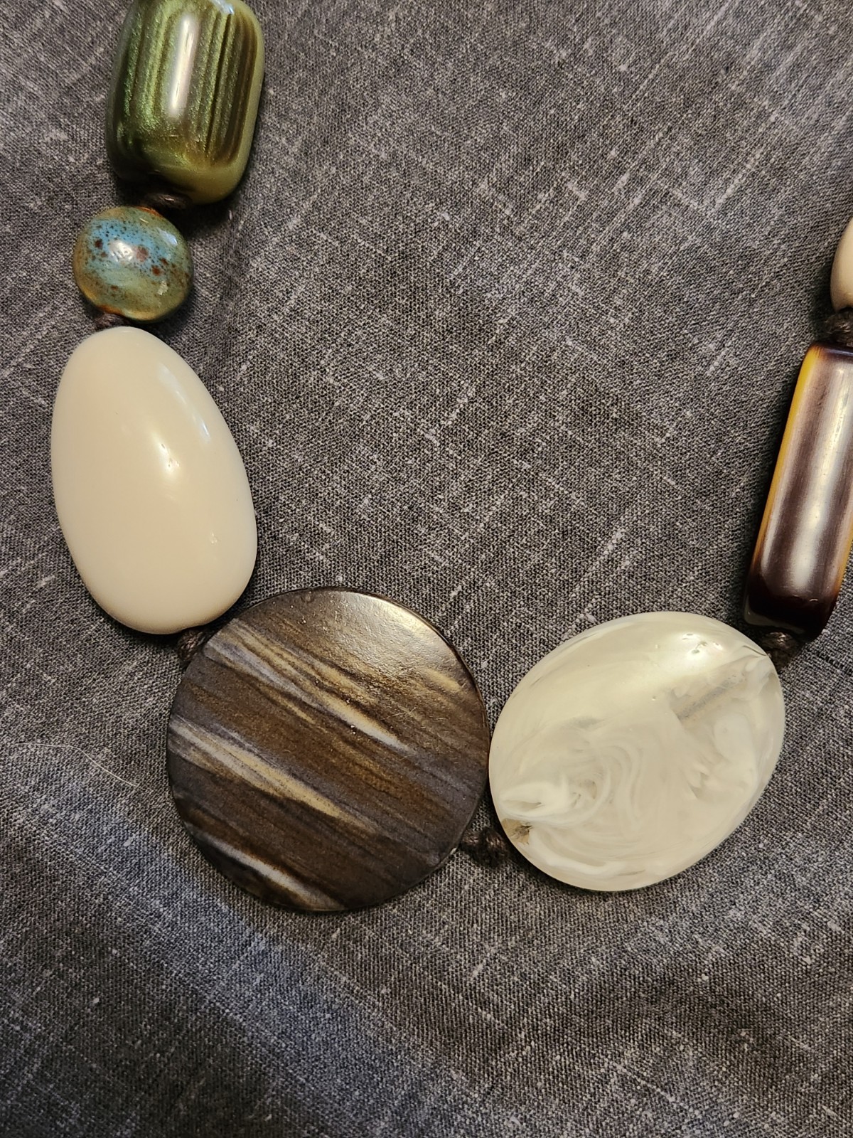 Chunky Mixed Resin Bead Statement Necklace Brown Cream Green Contemporary Boho