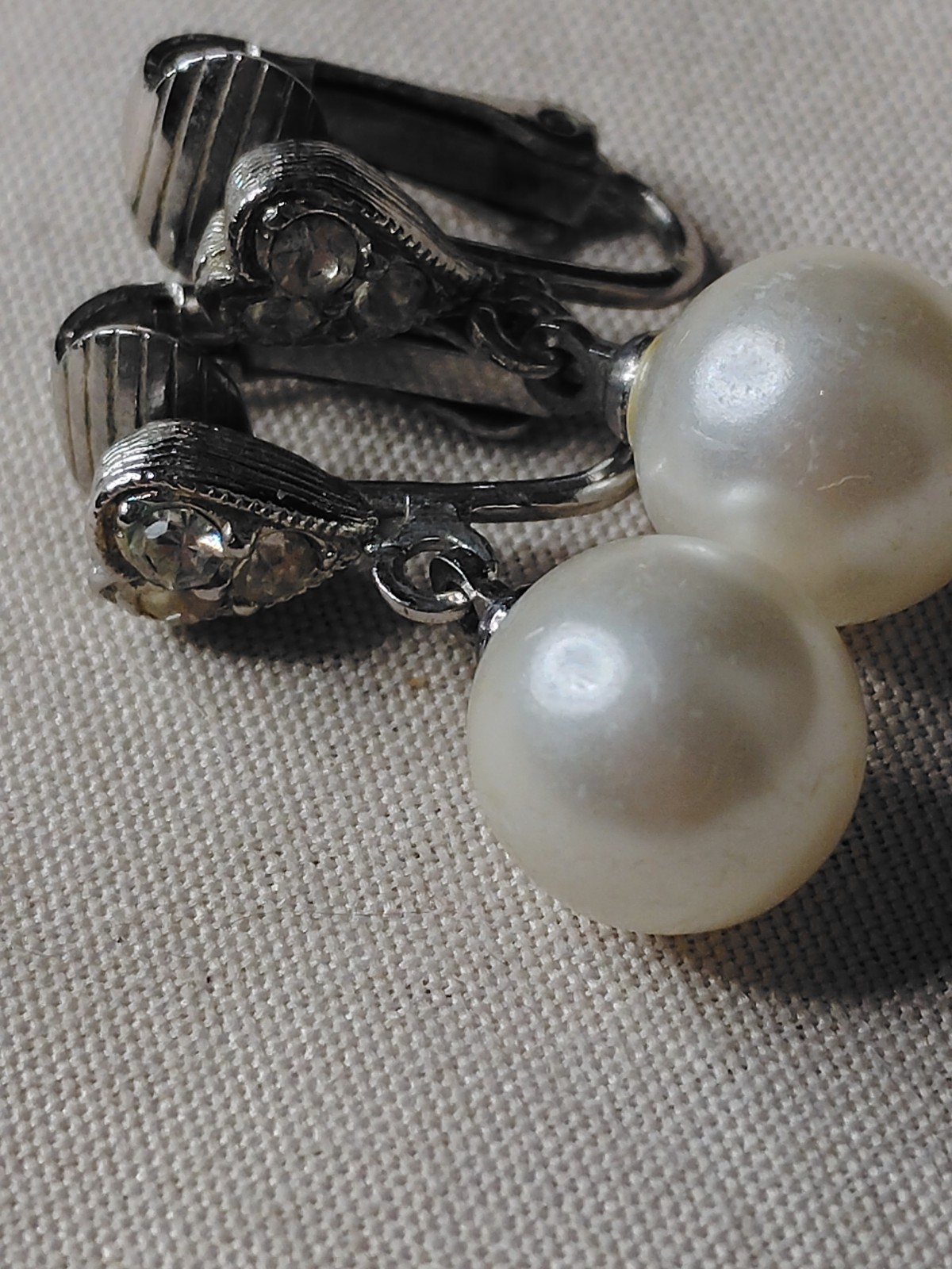 Silver Tone Simulated Pearl & Crystal Dangle/Drop Clip-On Earrings