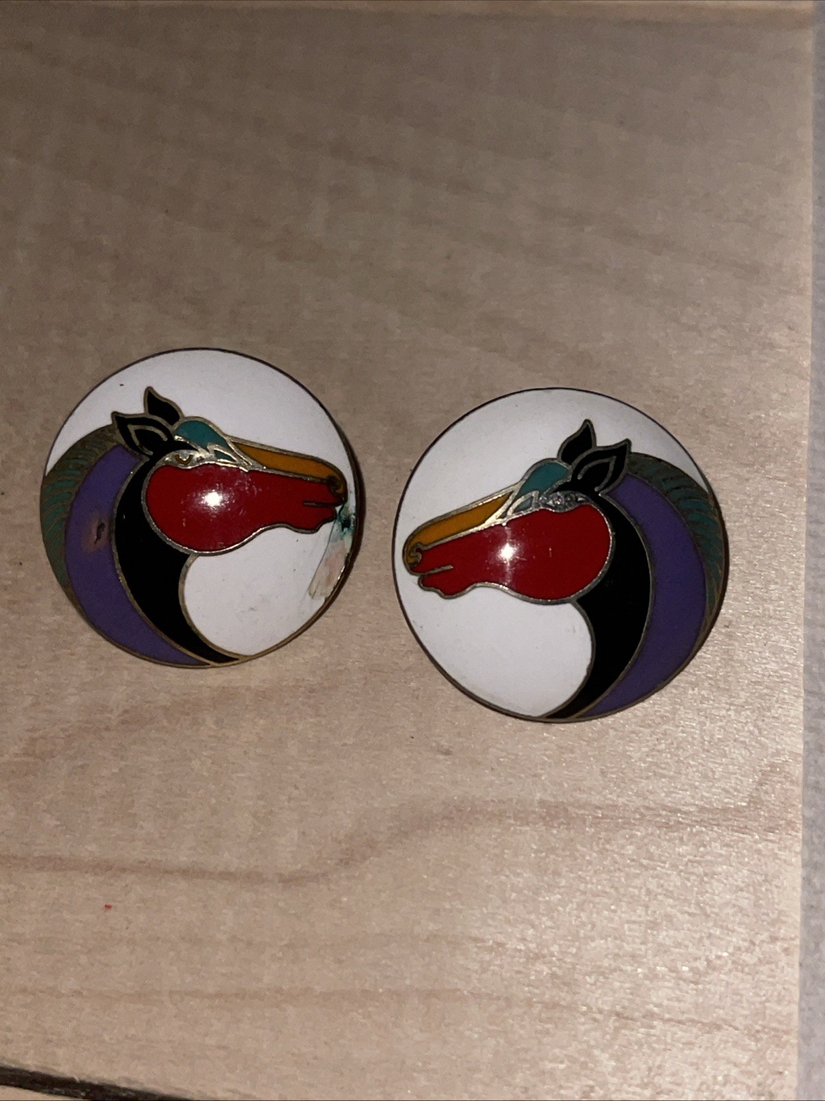 Vintage Laurel Burch Horse Earrings Black Enamel Colorful Mane “Kundus” Pierced