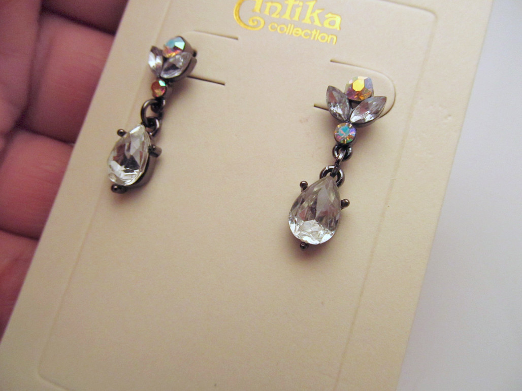 *NEW Gun Metal Tone & Clear Crystal Pierced Elegant Drop Earrings by Antika
