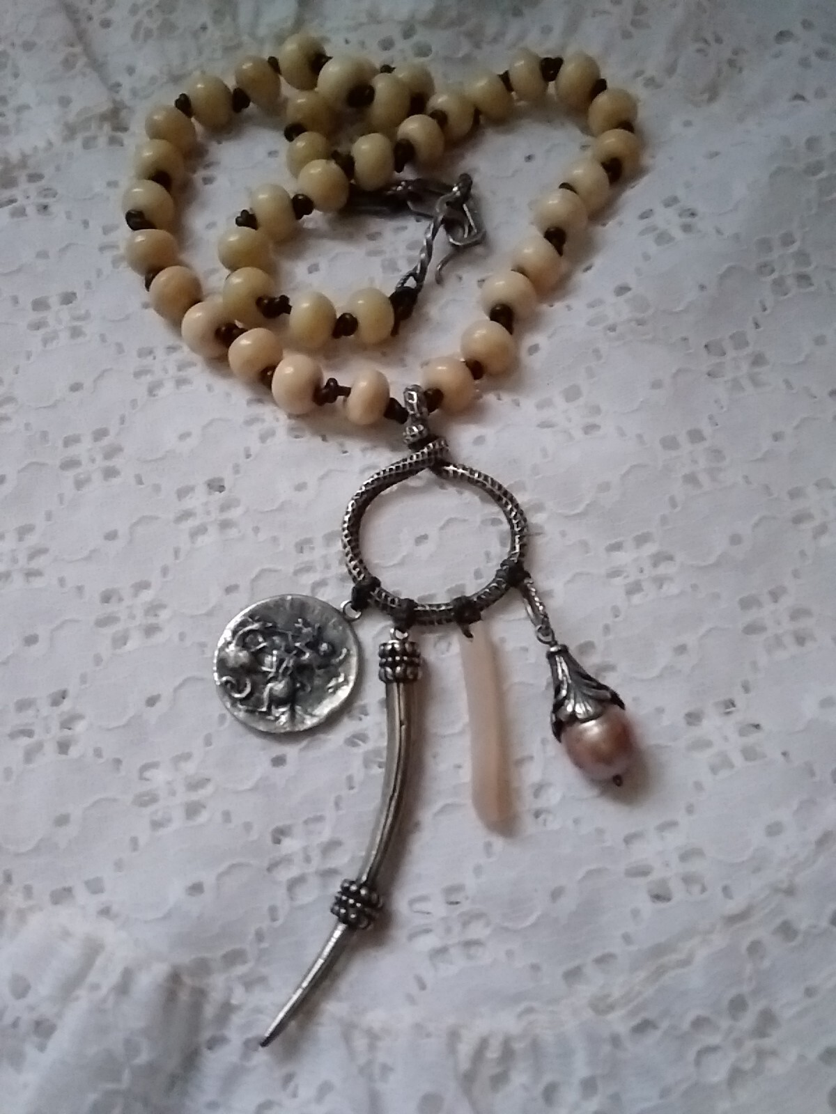 By Love Heals Brown Leather Natural Organtic Beaded Pearl Metal Charm Necklace