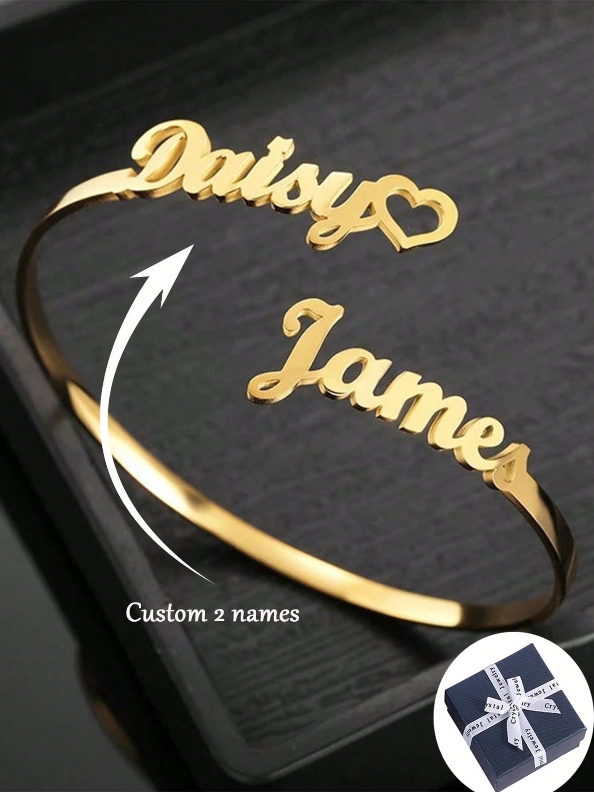 Custom Double Name Bracelet Bangle Jewelry Heart Partner Romance Gold Silver USA