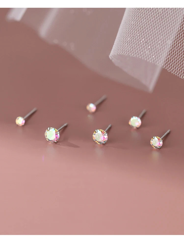 S925 Sterling Silver AB Crystal Round Stud Earrings Tiny Women Girls Jewellery